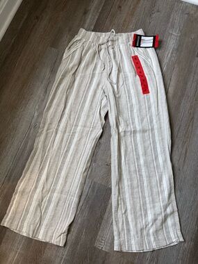 Briggs Striped Linen Blend Drawstring Pants Wide Leg Hippie Beige White Size M